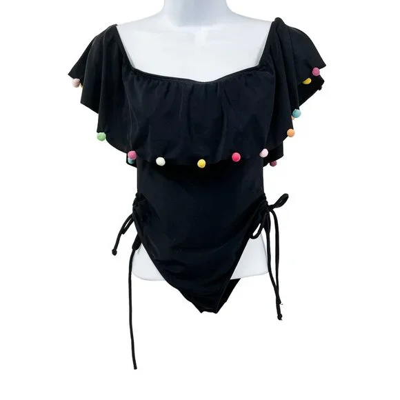 ASOS Rainbow Pom Pom One Piece Off Shoulder Bathing Suit Swimsuit Bikini - Picture 5 of 10